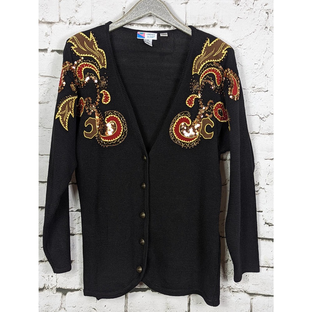 VINTAGE LINDSEY BLAKE Embellished Sequined Paisley Cardigan Large